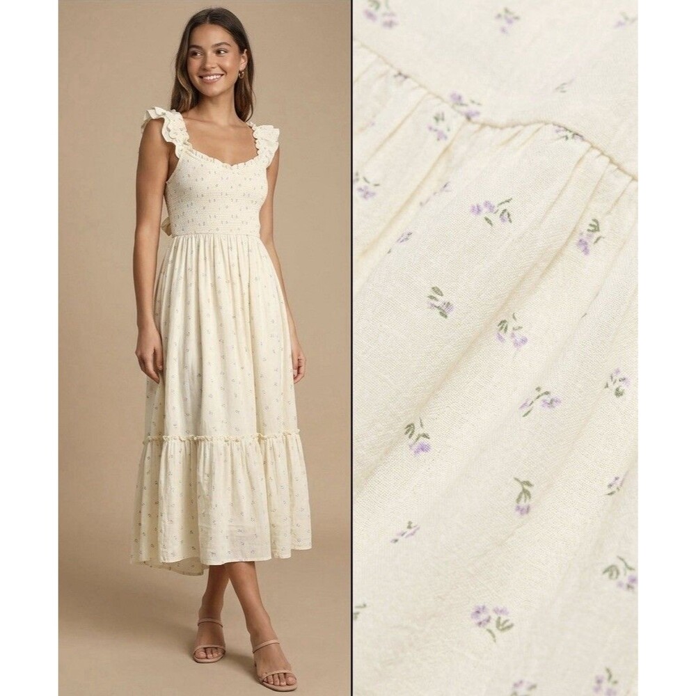 American Eagle Midi Long Dress Ivory Ruffle Smocked Floral Tiered Cottage SMALL